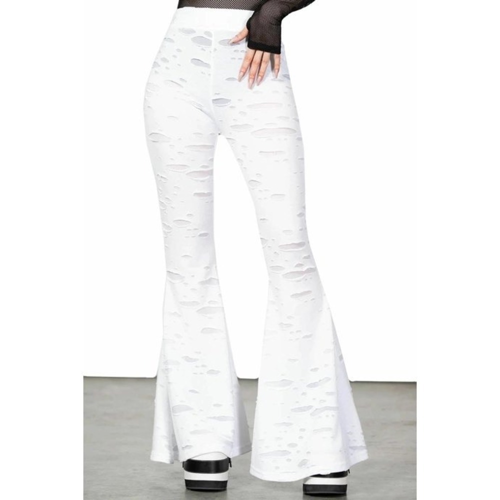 White Distressed Shredded Bell Bottom Flare Pants High Waisted Festival Wear‎